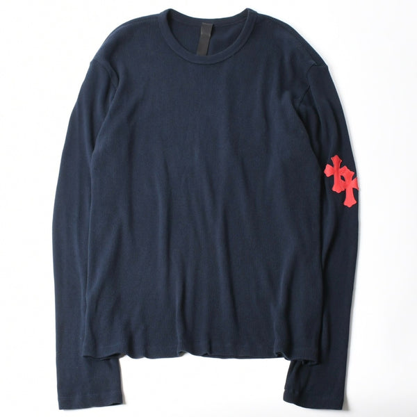 極美品 CHROME HEARTS クロムハーツ 長袖 Tシャツ サーマル ネイビー クロスパッチ ネイビー レッド サイズ XL 赤 中古 4a008130