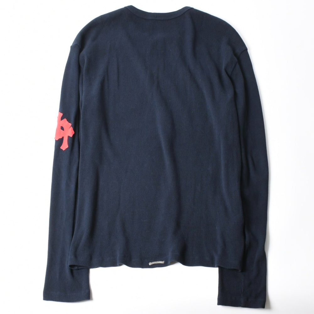 極美品 CHROME HEARTS クロムハーツ 長袖 Tシャツ サーマル ネイビー クロスパッチ ネイビー レッド サイズ XL 赤 中古 4a008130