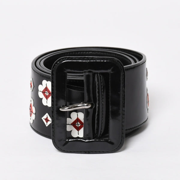 Very Good Condition PRADA Belt 1C5663 Made in Italy Patent Leather Enamel Black White Wine Red Size 85/34 Used 4a007905