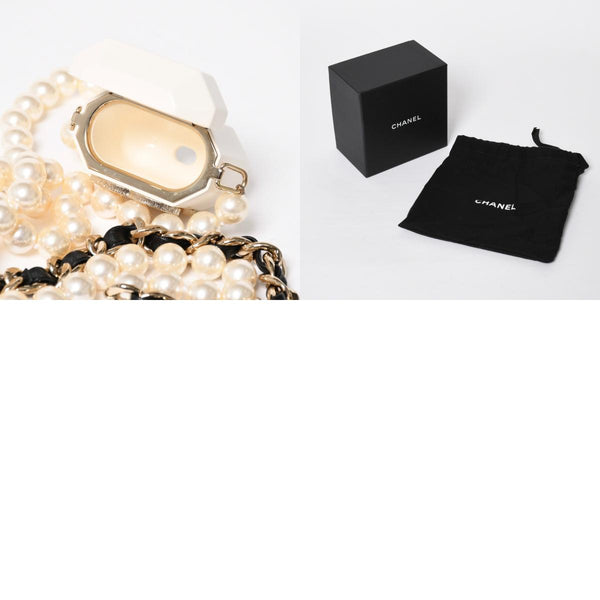 極美品 CHANEL シャネル AirPodsケース ネックレス ココマーク ストラス メタル ラムスキン レジン パール ホワイト ゴールド金具 中古 4a008378
