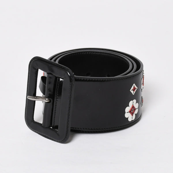 Very Good Condition PRADA Belt 1C5663 Made in Italy Patent Leather Enamel Black White Wine Red Size 85/34 Used 4a007905