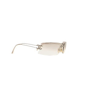 CHANEL Rimless Sunglasses Eyewear Size 120 Coco Mark Silver Gray Rhinestone Plastic Good Condition Used 4a001009