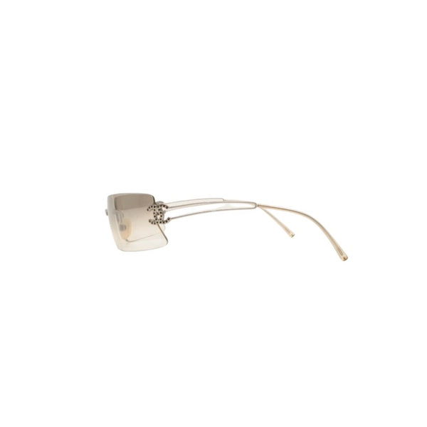 CHANEL Rimless Sunglasses Eyewear Size 120 Coco Mark Silver Gray Rhinestone Plastic Good Condition Used 4a001009