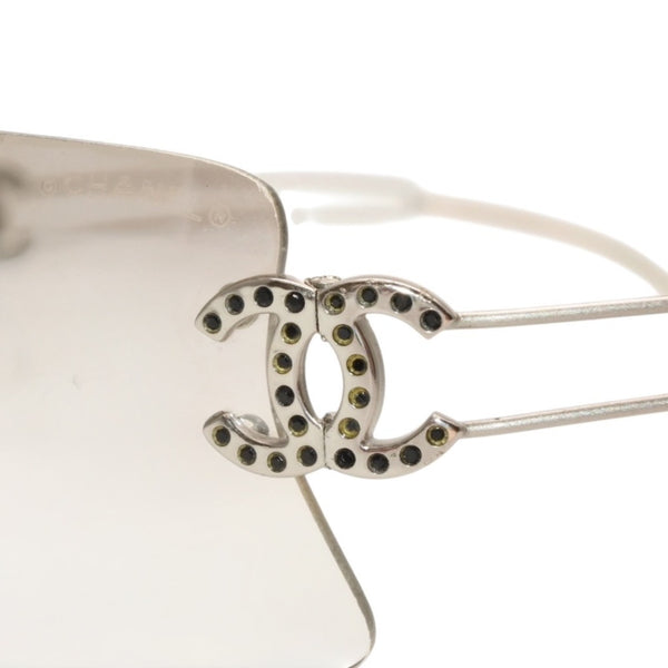 CHANEL Rimless Sunglasses Eyewear Size 120 Coco Mark Silver Gray Rhinestone Plastic Good Condition Used 4a001009