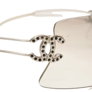 CHANEL Rimless Sunglasses Eyewear Size 120 Coco Mark Silver Gray Rhinestone Plastic Good Condition Used 4a001009