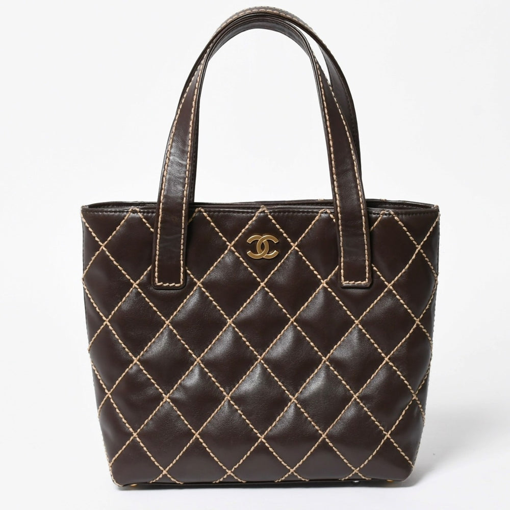 極美品 CHANEL シャネル ワイルドステッチ トートバッグ ハンドバッグ ココマーク ラムスキン チョコブラウン ブラウン 8番台 ゴールド金具 中古 4a007879
