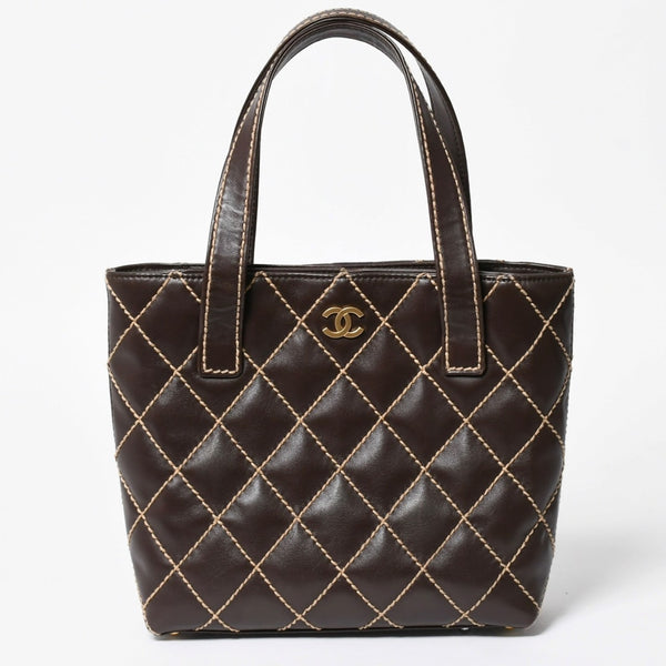 極美品 CHANEL シャネル ワイルドステッチ トートバッグ ハンドバッグ ココマーク ラムスキン チョコブラウン ブラウン 8番台 ゴールド金具 中古 4a007879