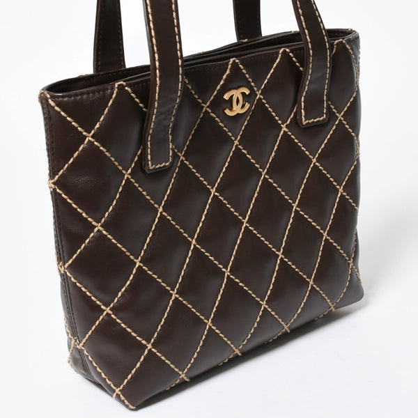 極美品 CHANEL シャネル ワイルドステッチ トートバッグ ハンドバッグ ココマーク ラムスキン チョコブラウン ブラウン 8番台 ゴールド金具 中古 4a007879