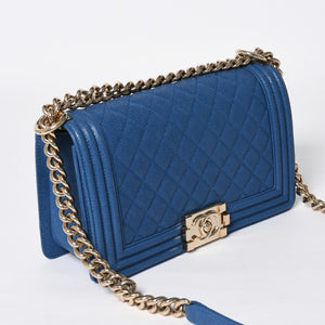 極美品 CHANEL シャネル ボーイシャネル 25 チェーンショルダーバッグ 27番台 ココマーク キャビアスキン ブルー 中古 4a007811