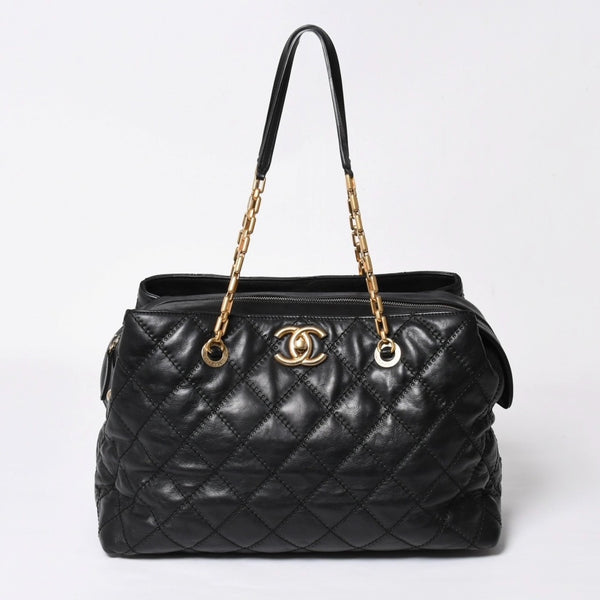 極美品 CHANEL シャネル チェーントートバッグ 15番台 ココマーク マトラッセ レザー ブラック ゴールド金具 中古 4a007780