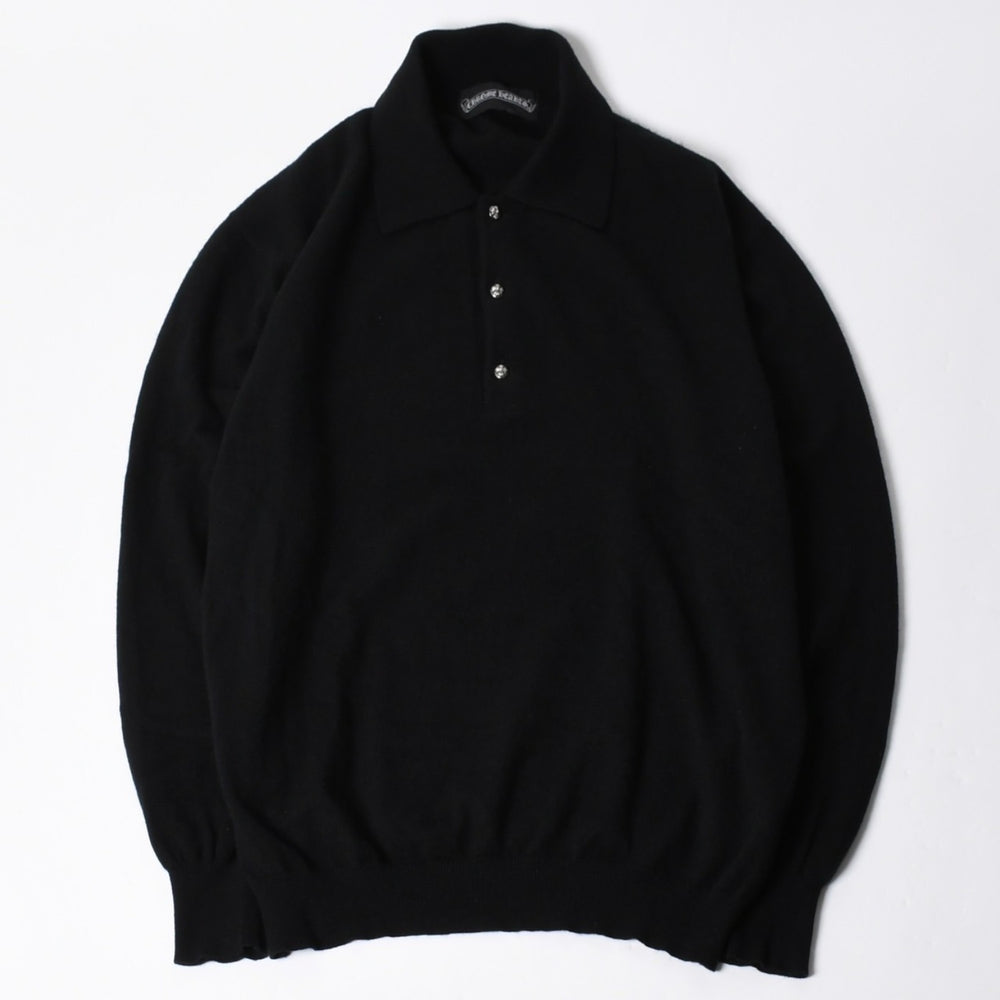 極美品 CHROME HEARTS クロムハーツ 長袖ニットポロシャツ サイズM クロスボール ブラック シルバー925 中古 4a008132