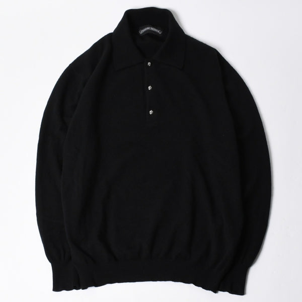 極美品 CHROME HEARTS クロムハーツ 長袖ニットポロシャツ サイズM クロスボール ブラック シルバー925 中古 4a008132