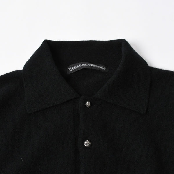 極美品 CHROME HEARTS クロムハーツ 長袖ニットポロシャツ サイズM クロスボール ブラック シルバー925 中古 4a008132