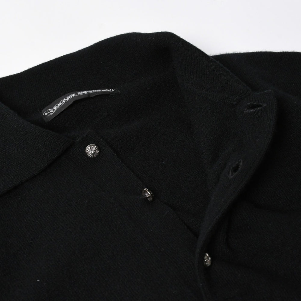 極美品 CHROME HEARTS クロムハーツ 長袖ニットポロシャツ サイズM クロスボール ブラック シルバー925 中古 4a008132