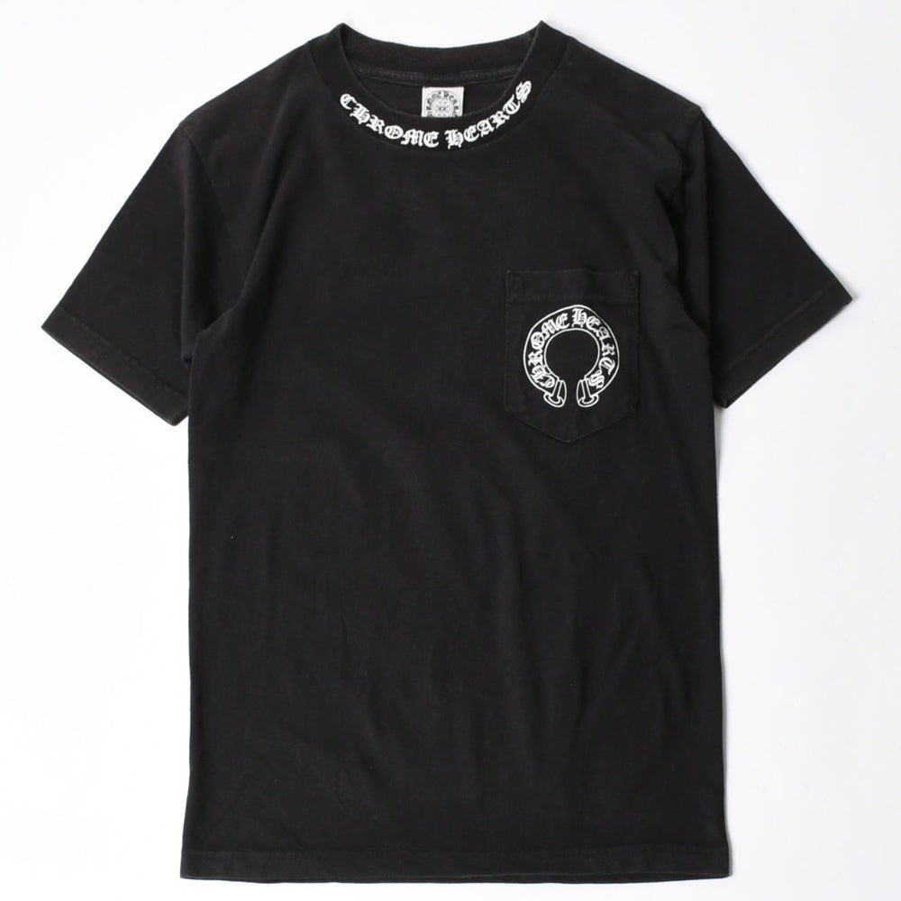 極美品 CHROME HEARTS クロムハーツ オールド 半袖Tシャツ サイズS フローラルクロス ホースシュー ブラック 中古 4a007948