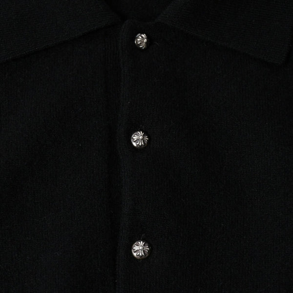 極美品 CHROME HEARTS クロムハーツ 長袖ニットポロシャツ サイズM クロスボール ブラック シルバー925 中古 4a008132