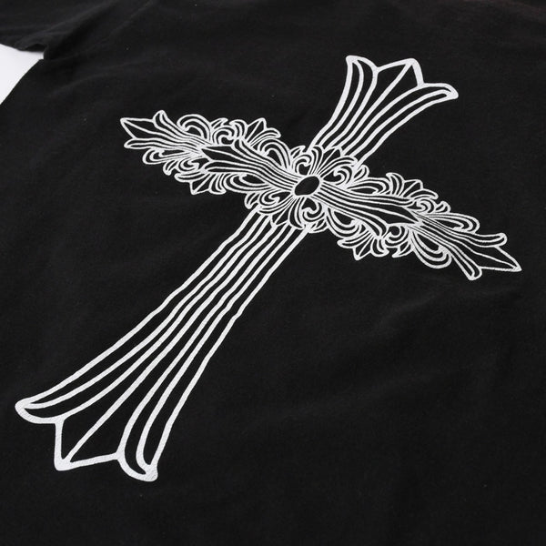 極美品 CHROME HEARTS クロムハーツ オールド 半袖Tシャツ サイズS フローラルクロス ホースシュー ブラック 中古 4a007948