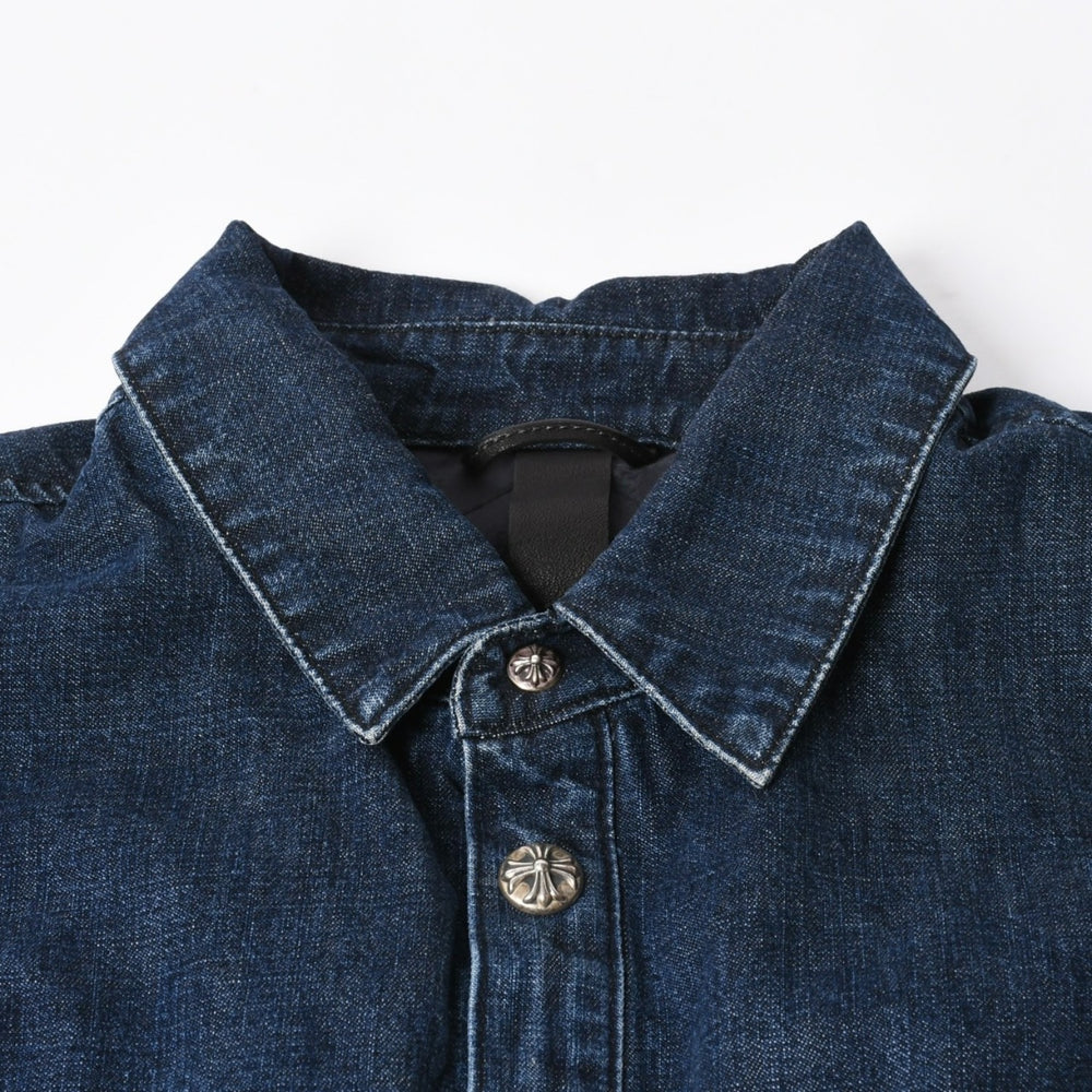 極美品 CHROME HEARTS クロムハーツ ウォーキン シャツ ガレージ ウォッシュ デニムジャケット クロスボールボタン CHプラス サイズXL 中古 4a008255