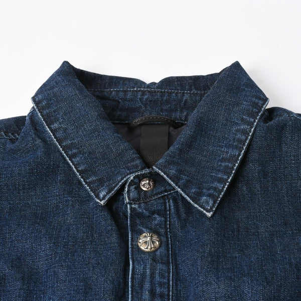 極美品 CHROME HEARTS クロムハーツ ウォーキン シャツ ガレージ ウォッシュ デニムジャケット クロスボールボタン CHプラス サイズXL 中古 4a008255