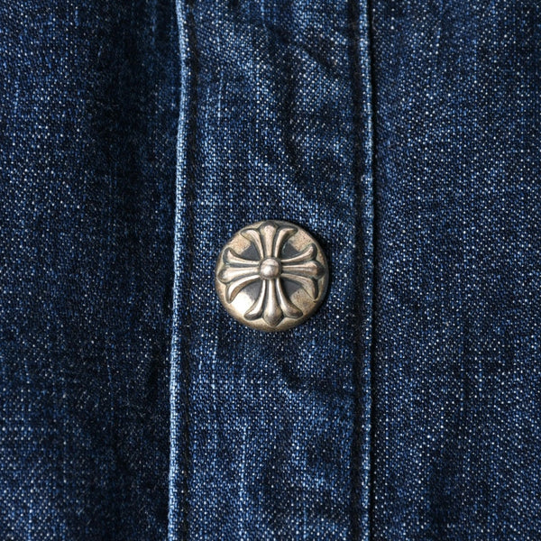 極美品 CHROME HEARTS クロムハーツ ウォーキン シャツ ガレージ ウォッシュ デニムジャケット クロスボールボタン CHプラス サイズXL 中古 4a008255