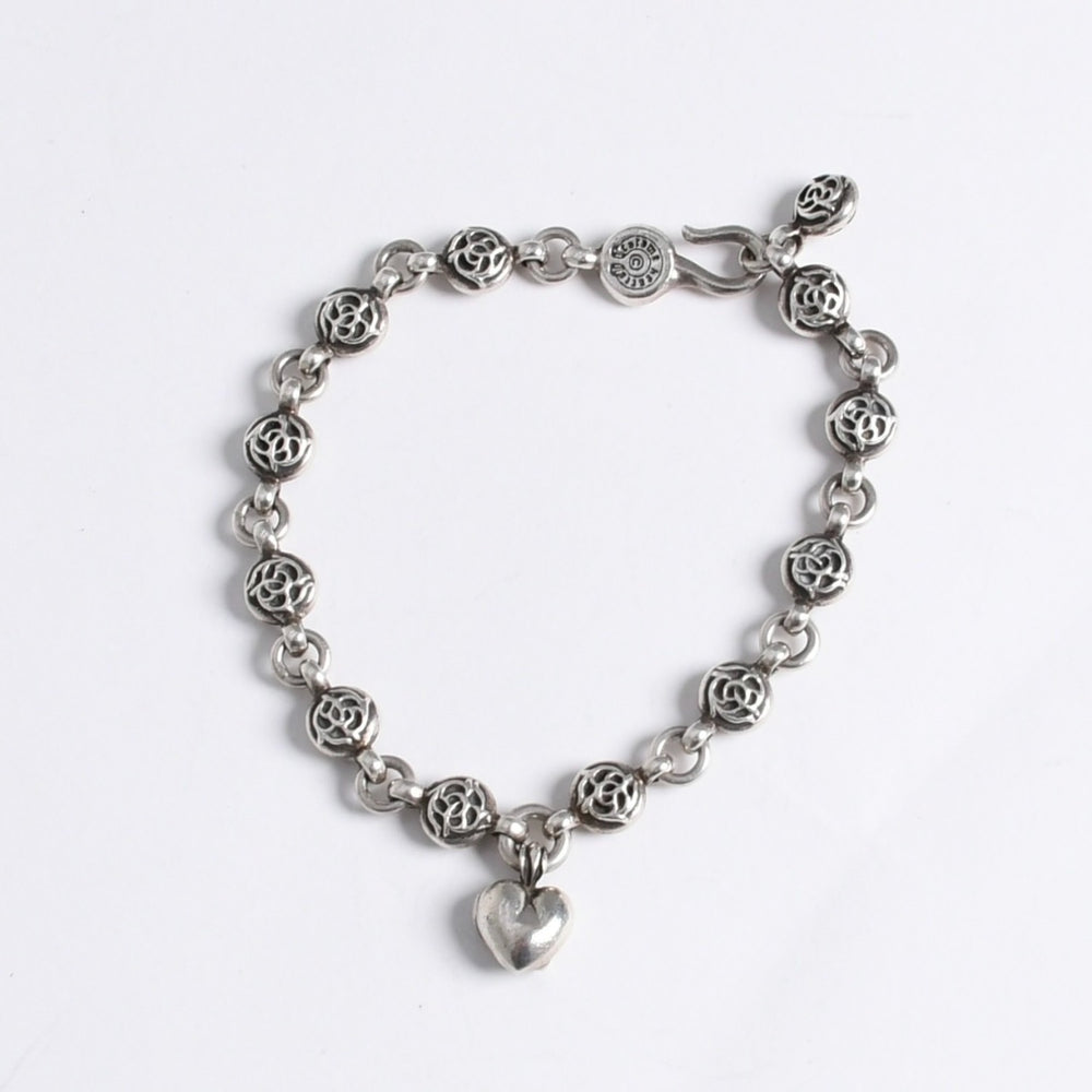 極美品 CHROME HEARTS クロムハーツ フローラルボール ハート ブレスレット 41.1g シルバー925 中古 4a008142