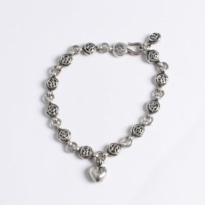 極美品 CHROME HEARTS クロムハーツ フローラルボール ハート ブレスレット 41.1g シルバー925 中古 4a008142