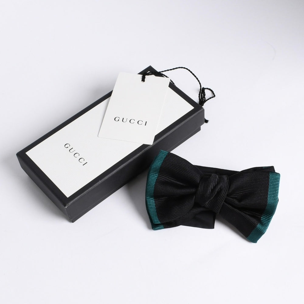新品同様 GUCCI グッチ プレタイド ボウタイ 蝶ネクタイ ブラック エメラルドグリーン シルク FREEサイズ シルク アジャスター仕様 中古 4a008173