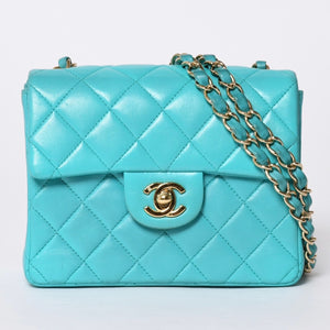 CHANEL Mini Matelasse 16 S Flap S Chain Shoulder Bag No. 7 Coco Mark Lambskin Turquoise Good Condition Used 4a000854