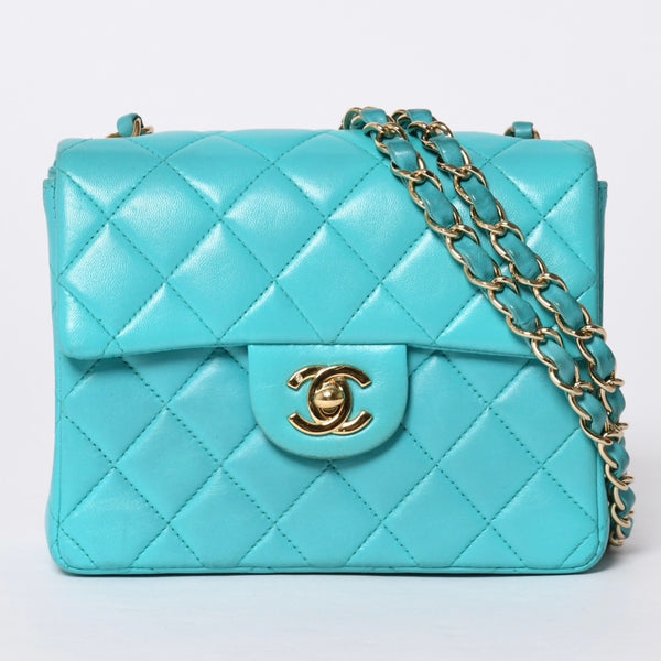 CHANEL Mini Matelasse 16 S Flap S Chain Shoulder Bag No. 7 Coco Mark Lambskin Turquoise Good Condition Used 4a000854