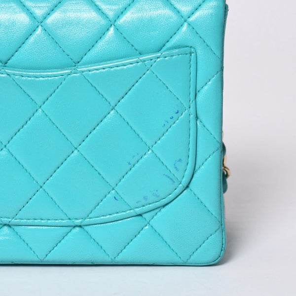 CHANEL Mini Matelasse 16 S Flap S Chain Shoulder Bag No. 7 Coco Mark Lambskin Turquoise Good Condition Used 4a000854