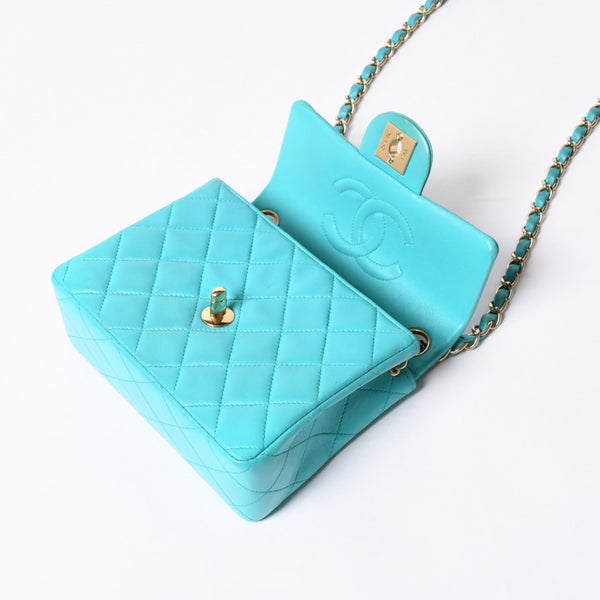 CHANEL Mini Matelasse 16 S Flap S Chain Shoulder Bag No. 7 Coco Mark Lambskin Turquoise Good Condition Used 4a000854