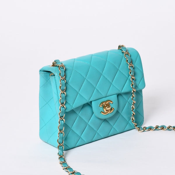 CHANEL Mini Matelasse 16 S Flap S Chain Shoulder Bag No. 7 Coco Mark Lambskin Turquoise Good Condition Used 4a000854