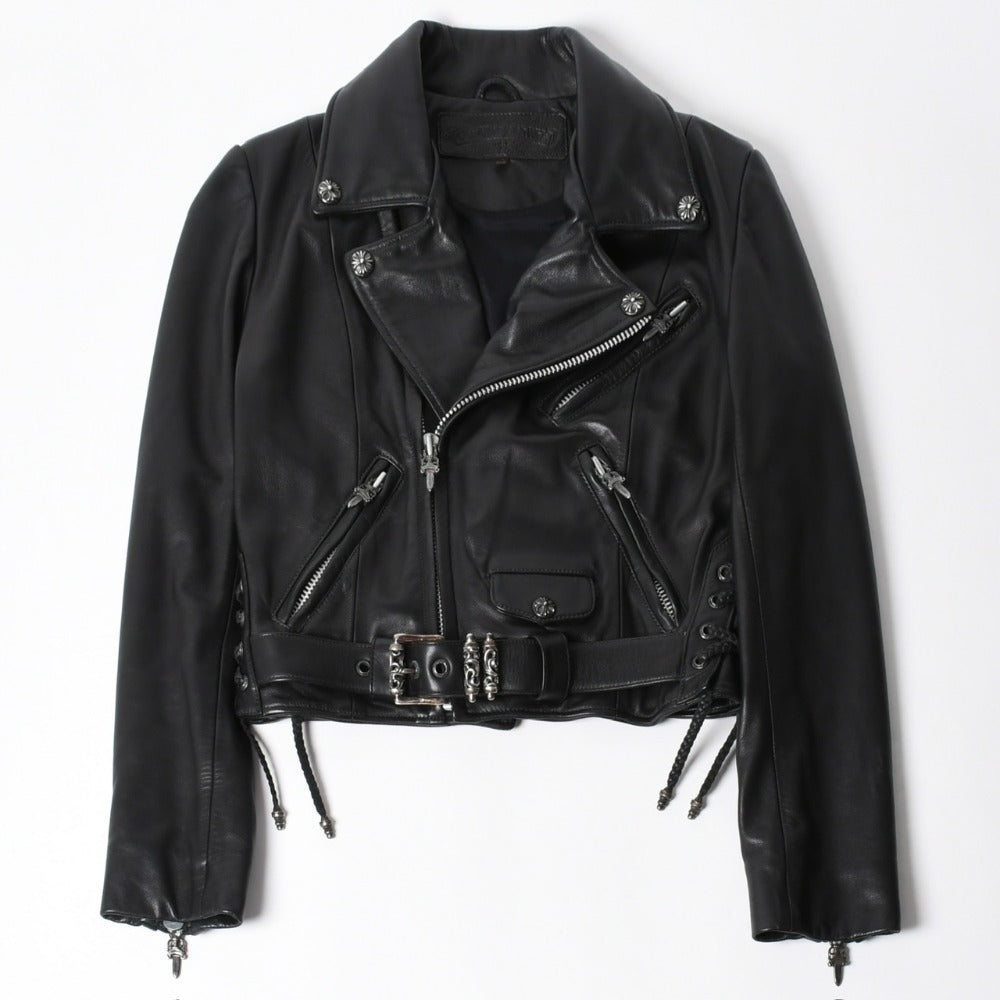 極美品 CHROME HEARTS クロムハーツ ジャケット ライダーズレザージャケット レザージャケット JJDEAN ブラック シルバー925 サイズS 中古 4a008357