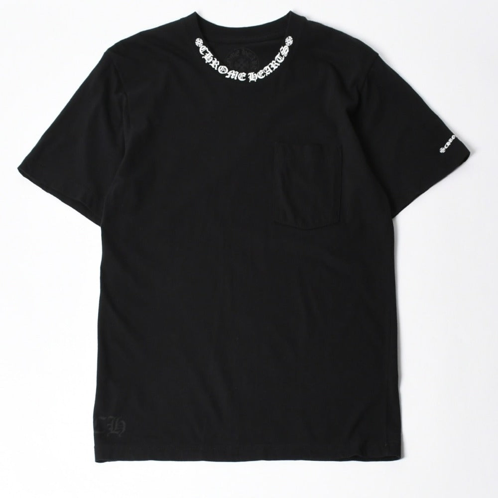極美品 CHROME HEARTS クロムハーツ Tシャツ 半袖Tシャツ ネックロゴ ポケットロゴ ブラック ホワイト サイズM 中古 4a008297