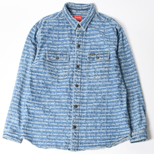 極美品 Supreme シュプリーム ジャケット サイズL Multi Type Jacquard Denim Shirt ジャガードシャツ ブルー シルバー金具 中古 4a008432