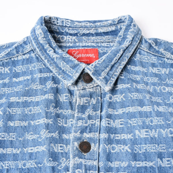 極美品 Supreme シュプリーム ジャケット サイズL Multi Type Jacquard Denim Shirt ジャガードシャツ ブルー シルバー金具 中古 4a008432
