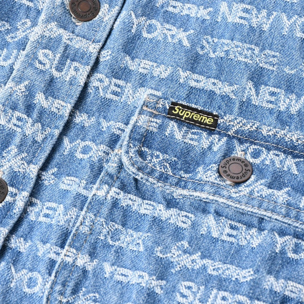 極美品 Supreme シュプリーム ジャケット サイズL Multi Type Jacquard Denim Shirt ジャガードシャツ ブルー シルバー金具 中古 4a008432