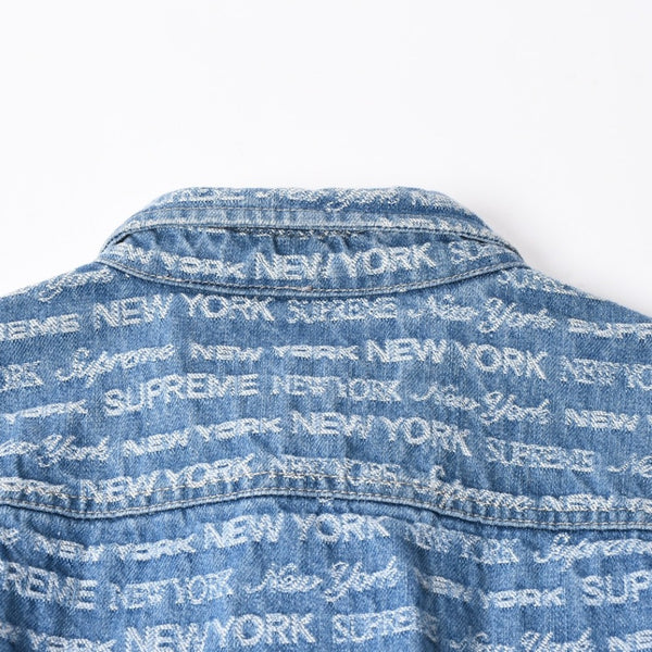 極美品 Supreme シュプリーム ジャケット サイズL Multi Type Jacquard Denim Shirt ジャガードシャツ ブルー シルバー金具 中古 4a008432
