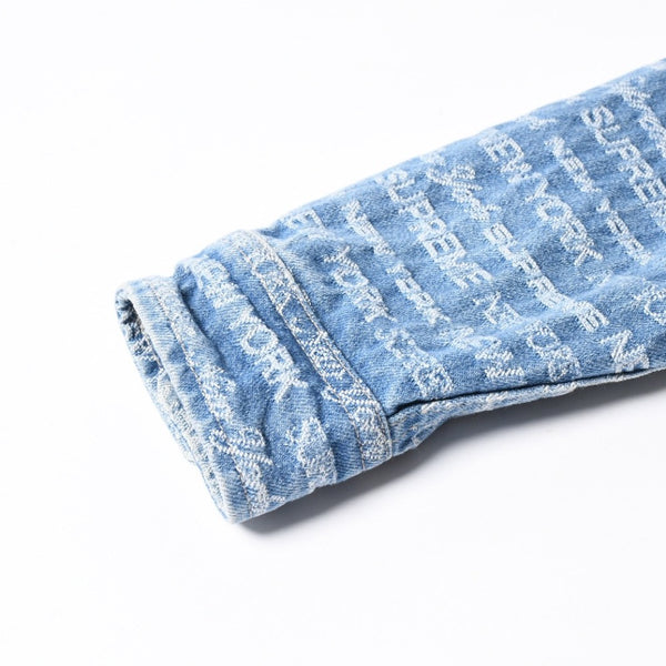 極美品 Supreme シュプリーム ジャケット サイズL Multi Type Jacquard Denim Shirt ジャガードシャツ ブルー シルバー金具 中古 4a008432