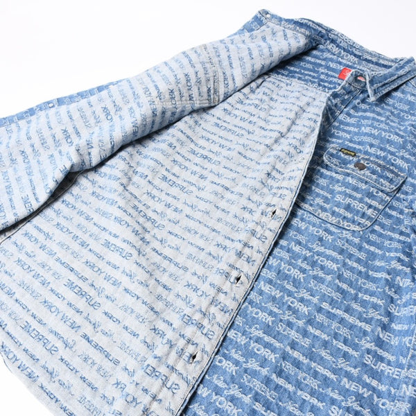 極美品 Supreme シュプリーム ジャケット サイズL Multi Type Jacquard Denim Shirt ジャガードシャツ ブルー シルバー金具 中古 4a008432