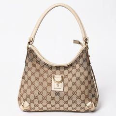 極美品 GUCCI グッチ ワンショルダーバッグ ハンドバッグ 130738 GGキャンバス レザー ベージュ ホワイト ゴールド金具 中古 4a008261