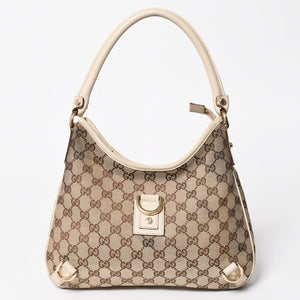極美品 GUCCI グッチ ワンショルダーバッグ ハンドバッグ 130738 GGキャンバス レザー ベージュ ホワイト ゴールド金具 中古 4a008261