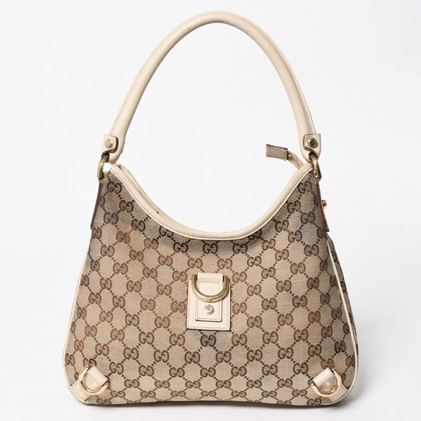 極美品 GUCCI グッチ ワンショルダーバッグ ハンドバッグ 130738 GGキャンバス レザー ベージュ ホワイト ゴールド金具 中古 4a008261