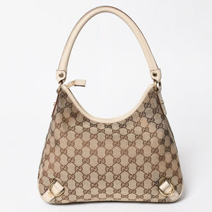 極美品 GUCCI グッチ ワンショルダーバッグ ハンドバッグ 130738 GGキャンバス レザー ベージュ ホワイト ゴールド金具 中古 4a008261