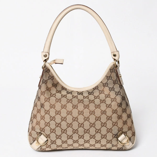 極美品 GUCCI グッチ ワンショルダーバッグ ハンドバッグ 130738 GGキャンバス レザー ベージュ ホワイト ゴールド金具 中古 4a008261
