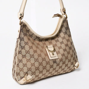 極美品 GUCCI グッチ ワンショルダーバッグ ハンドバッグ 130738 GGキャンバス レザー ベージュ ホワイト ゴールド金具 中古 4a008261
