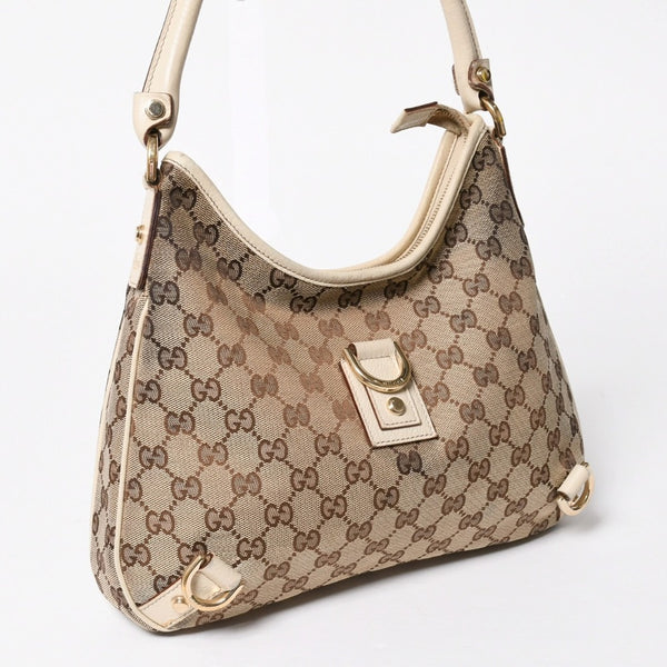 極美品 GUCCI グッチ ワンショルダーバッグ ハンドバッグ 130738 GGキャンバス レザー ベージュ ホワイト ゴールド金具 中古 4a008261