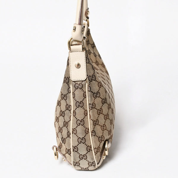 極美品 GUCCI グッチ ワンショルダーバッグ ハンドバッグ 130738 GGキャンバス レザー ベージュ ホワイト ゴールド金具 中古 4a008261