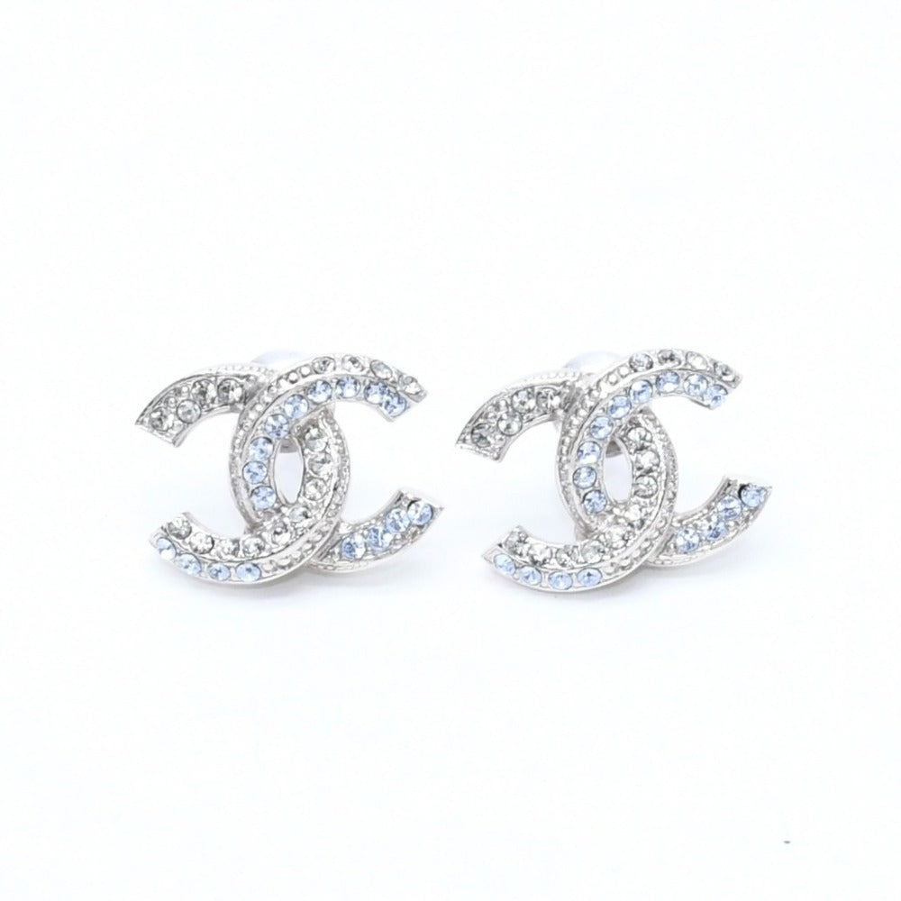 極美品 CHANEL シャネル ココマーク スタッドピアス 重量約2.42g 13P刻印 メタル ラインストーン シルバー ブルー 両耳用 中古 4a007099