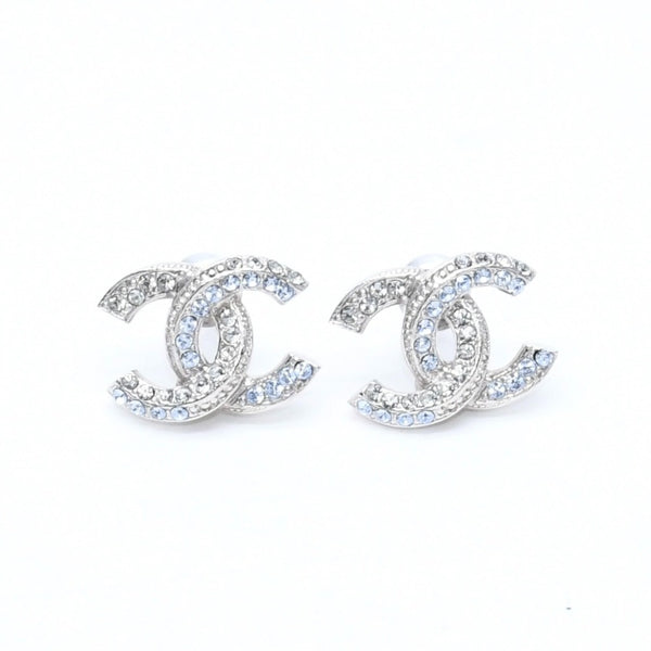 極美品 CHANEL シャネル ココマーク スタッドピアス 重量約2.42g 13P刻印 メタル ラインストーン シルバー ブルー 両耳用 中古 4a007099
